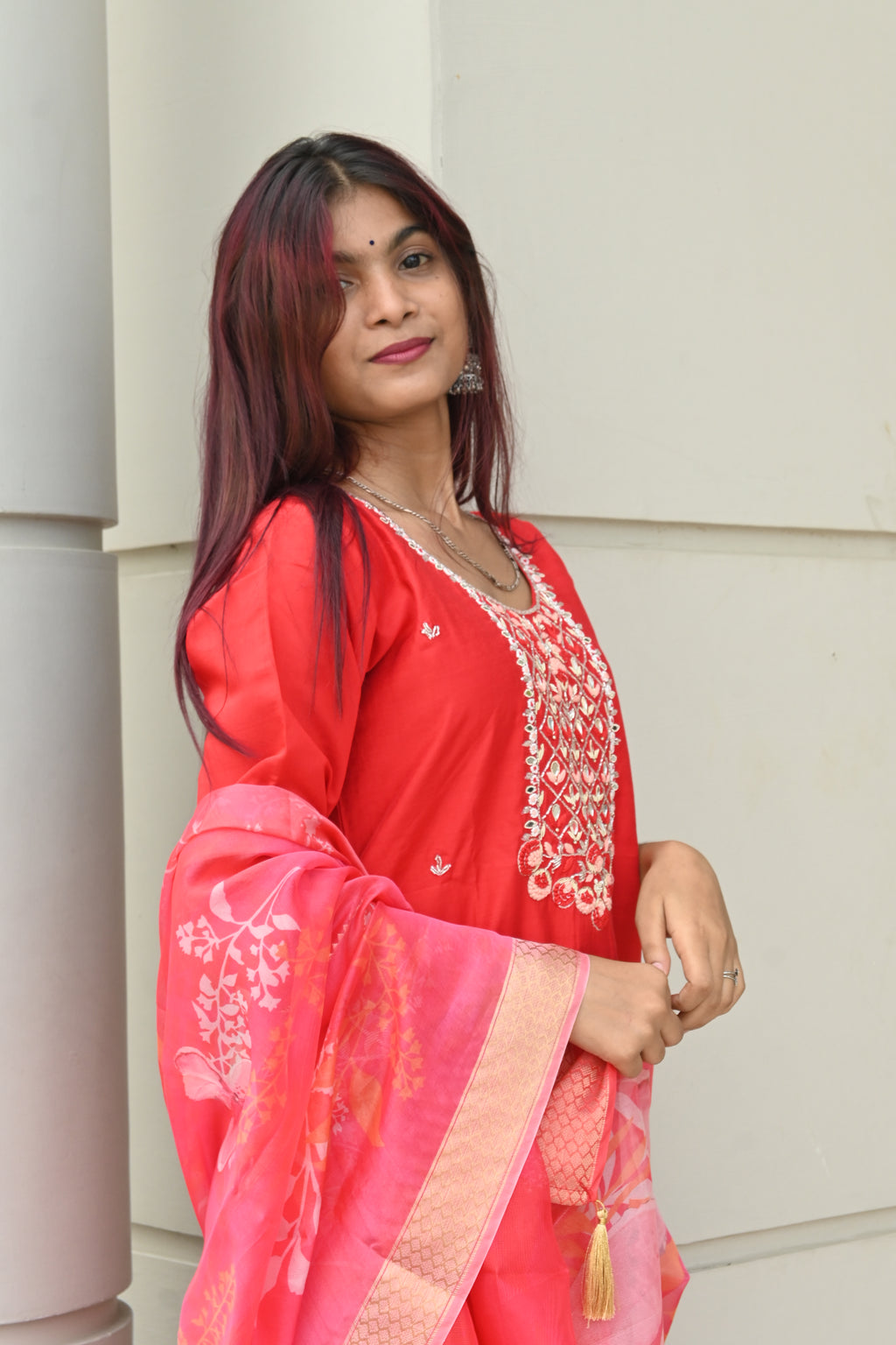 Elegant Red Floral Kurta Set with Printed Dupatta