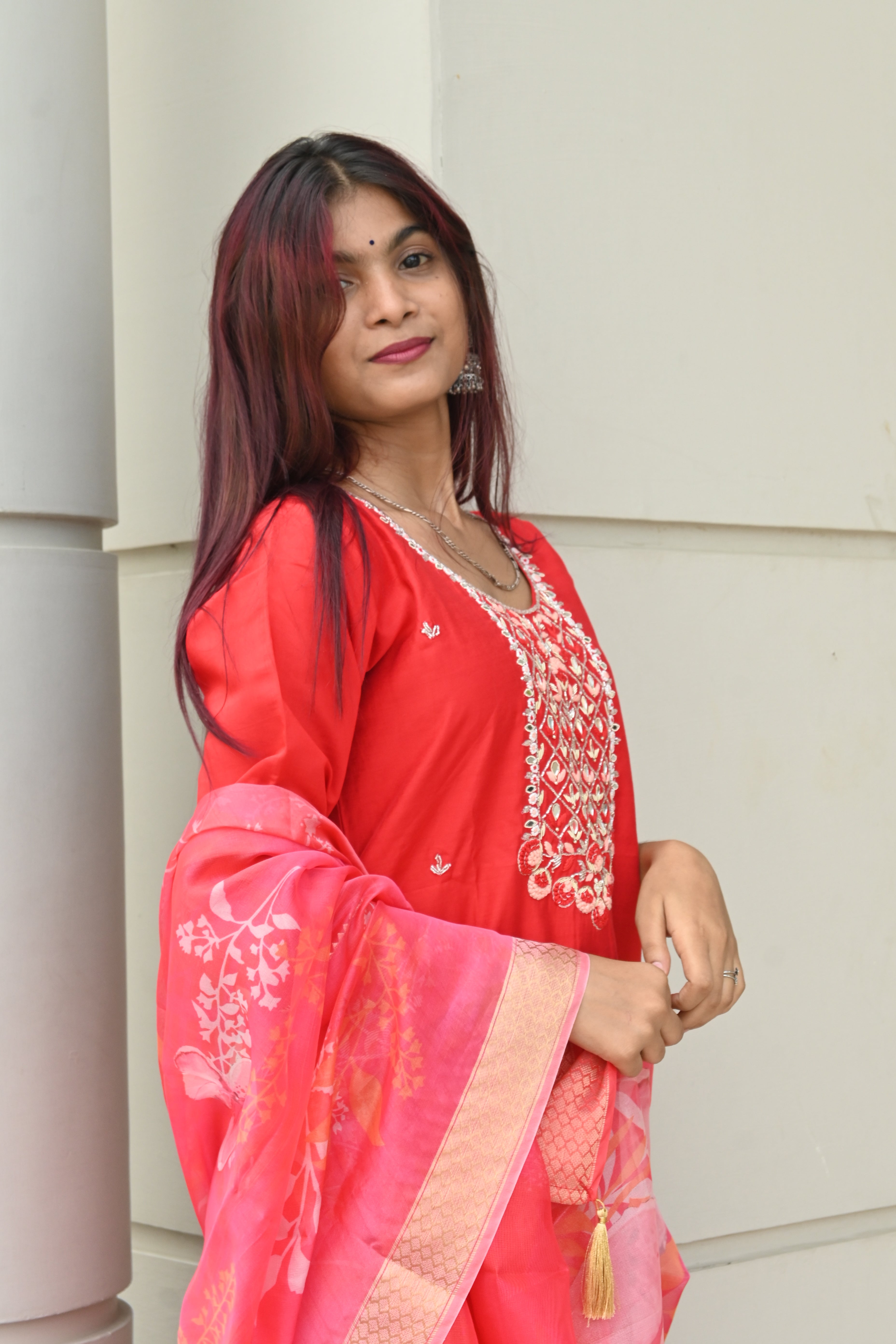 Elegant Red Floral Kurta Set with Printed Dupatta