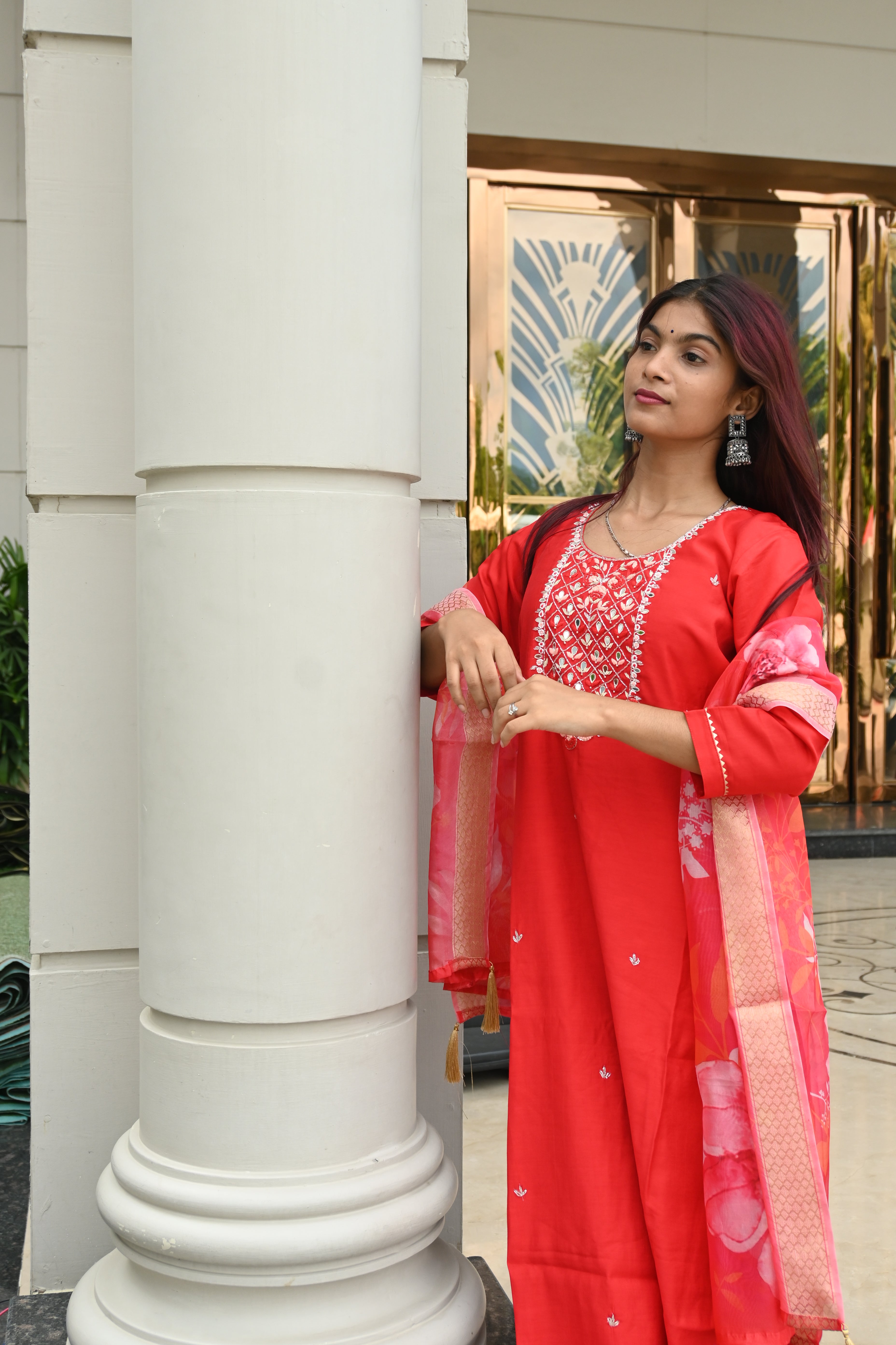 Elegant Red Floral Kurta Set with Printed Dupatta