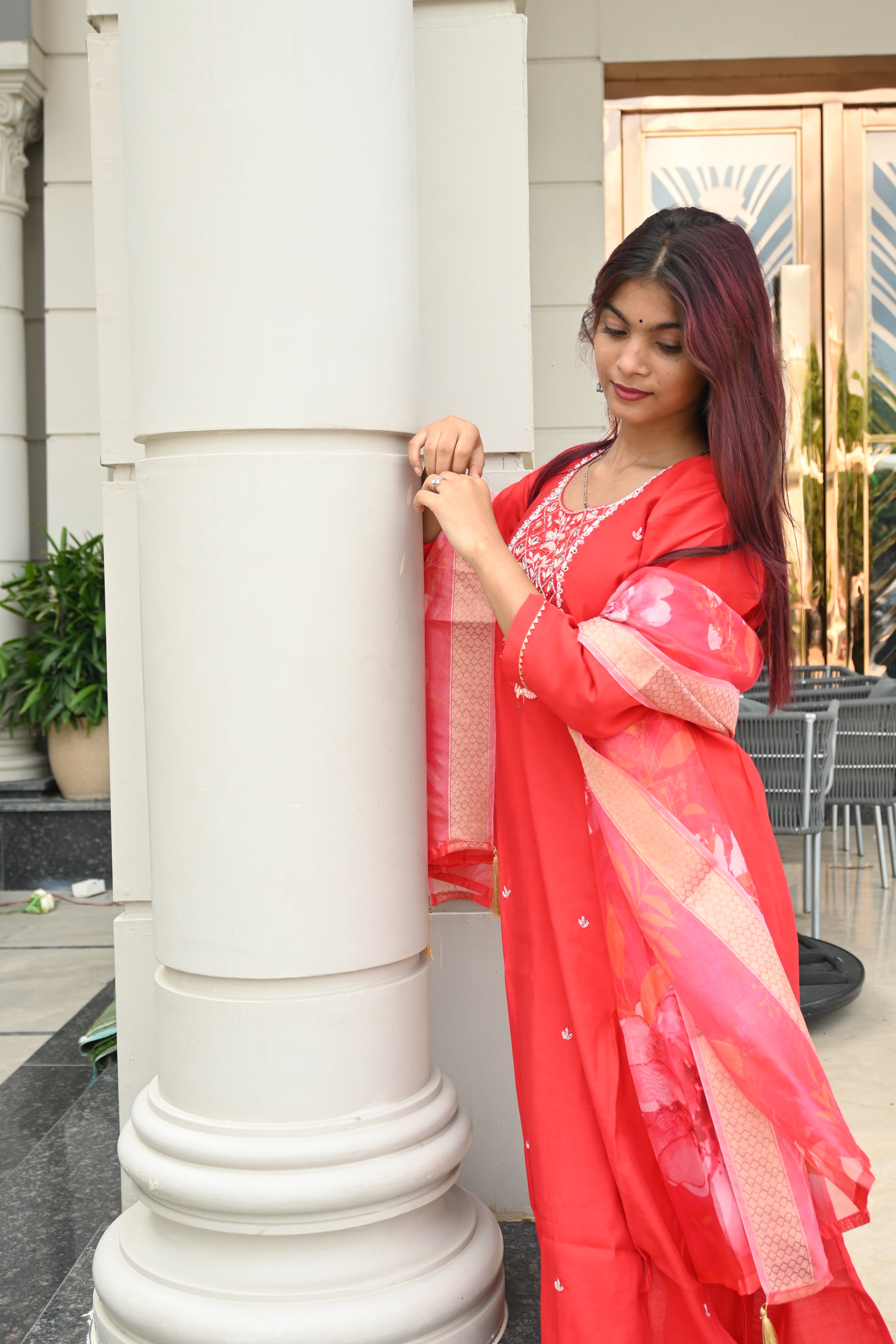 Elegant Red Floral Kurta Set with Printed Dupatta