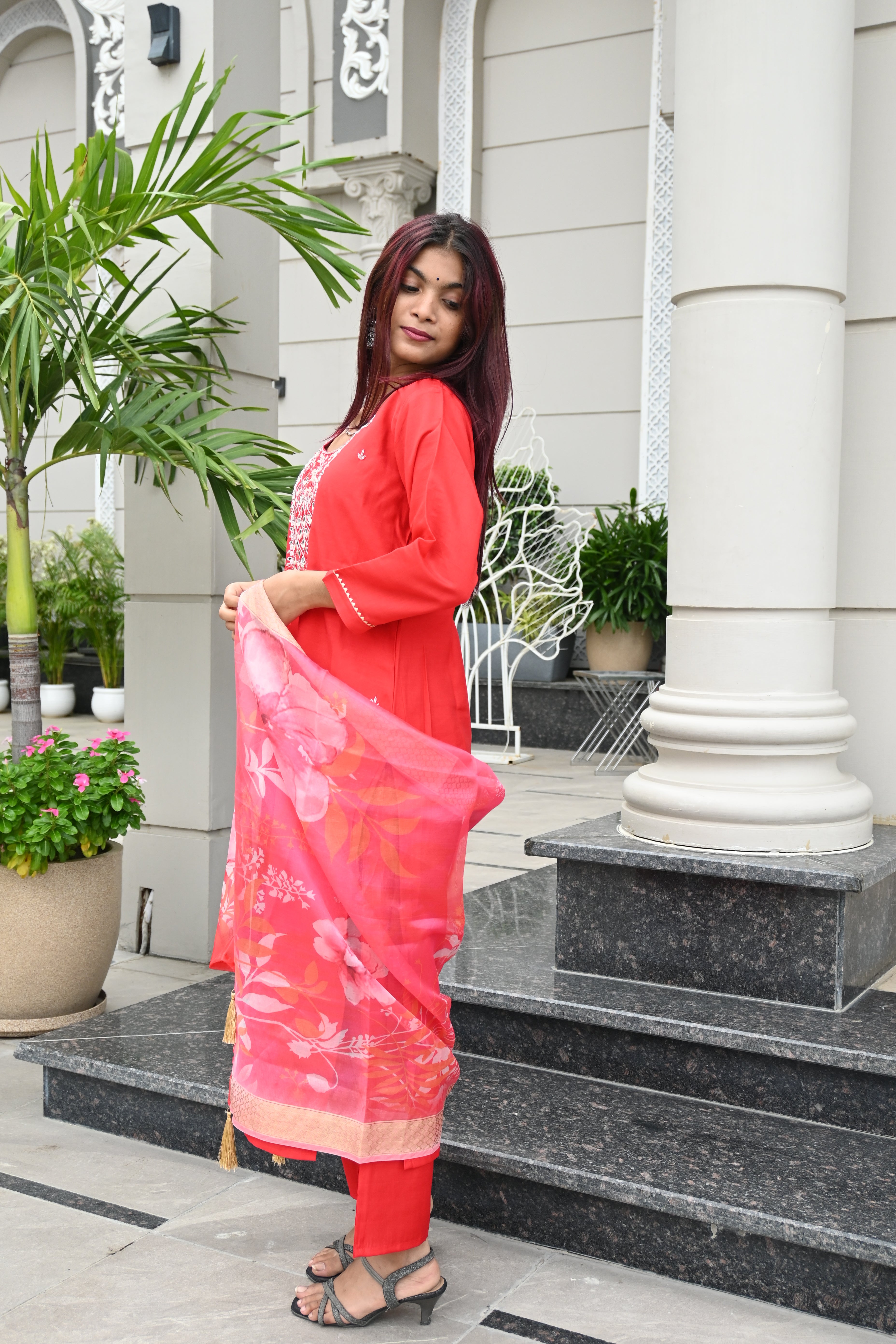 Elegant Red Floral Kurta Set with Printed Dupatta