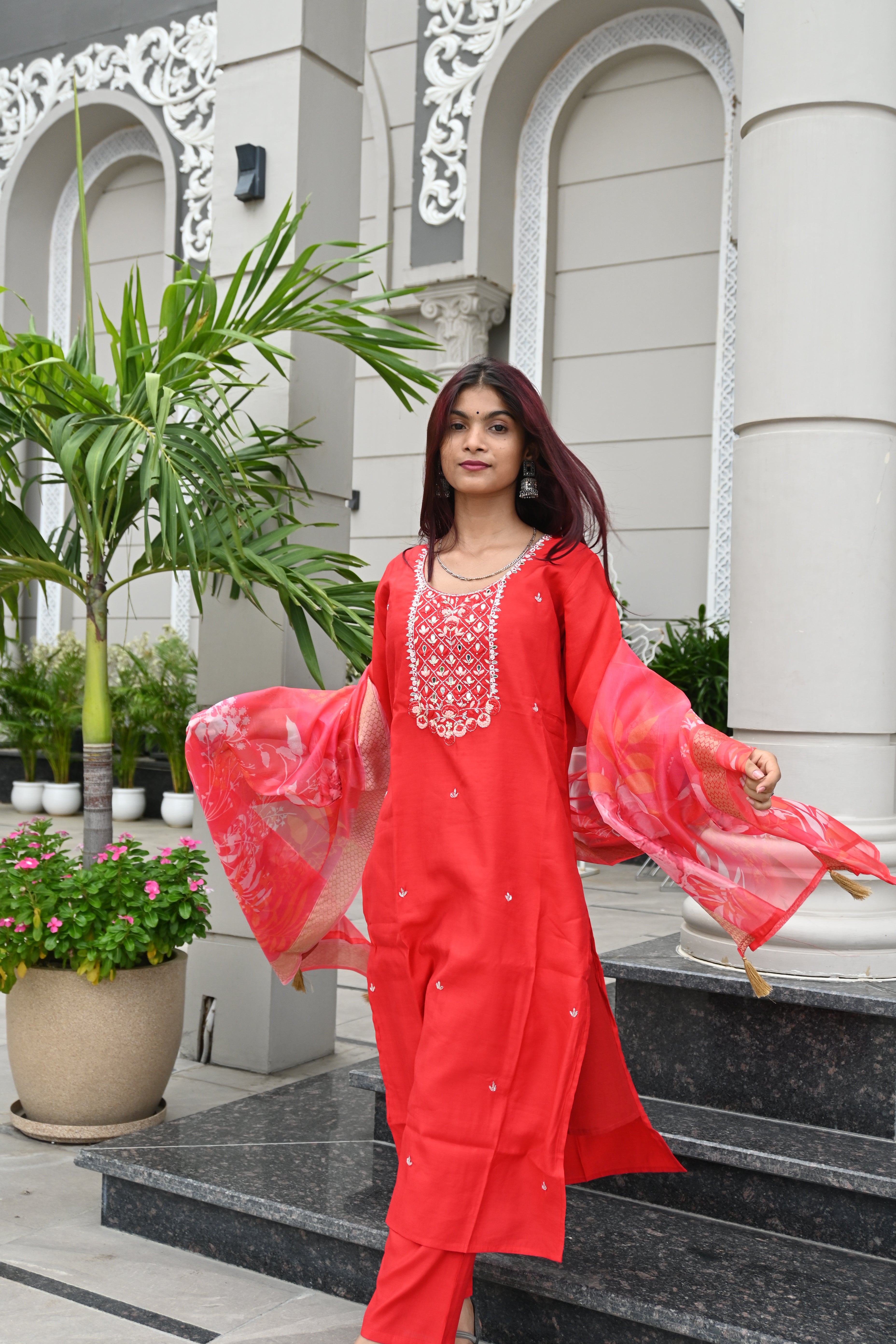 Elegant Red Floral Kurta Set with Printed Dupatta