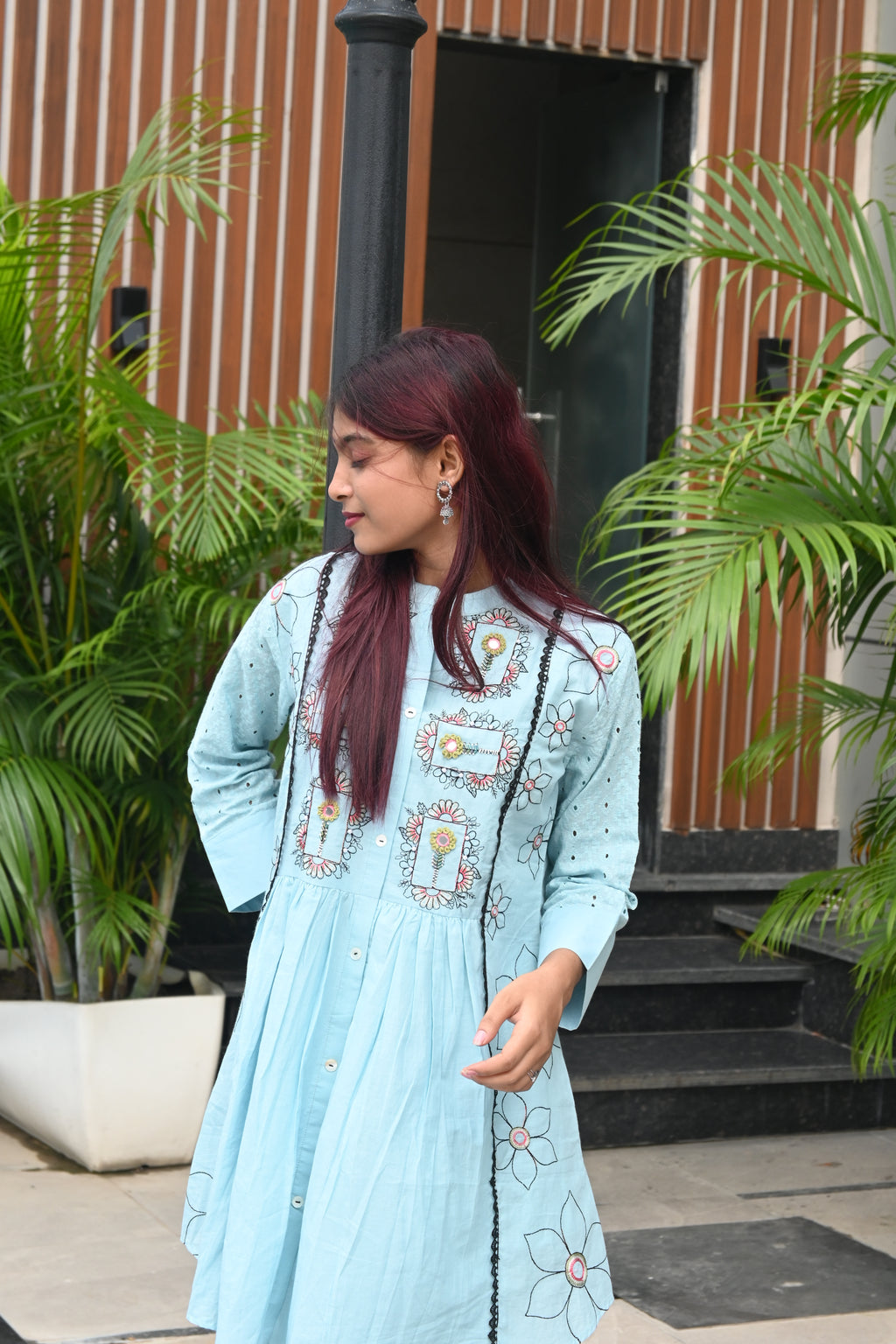 Sky Charm Embroidered Pastel Blue Kurti