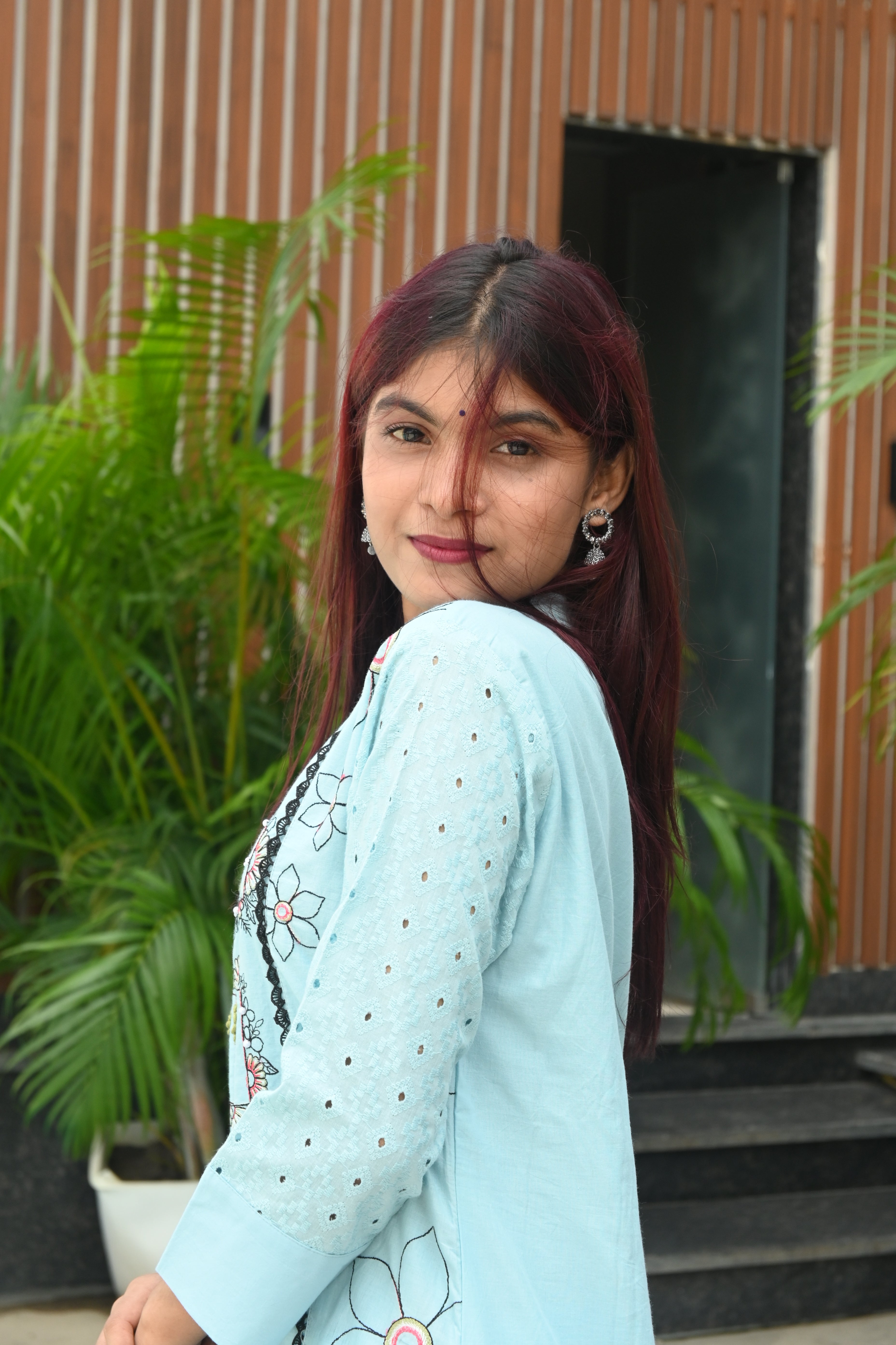 Sky Charm Embroidered Pastel Blue Kurti