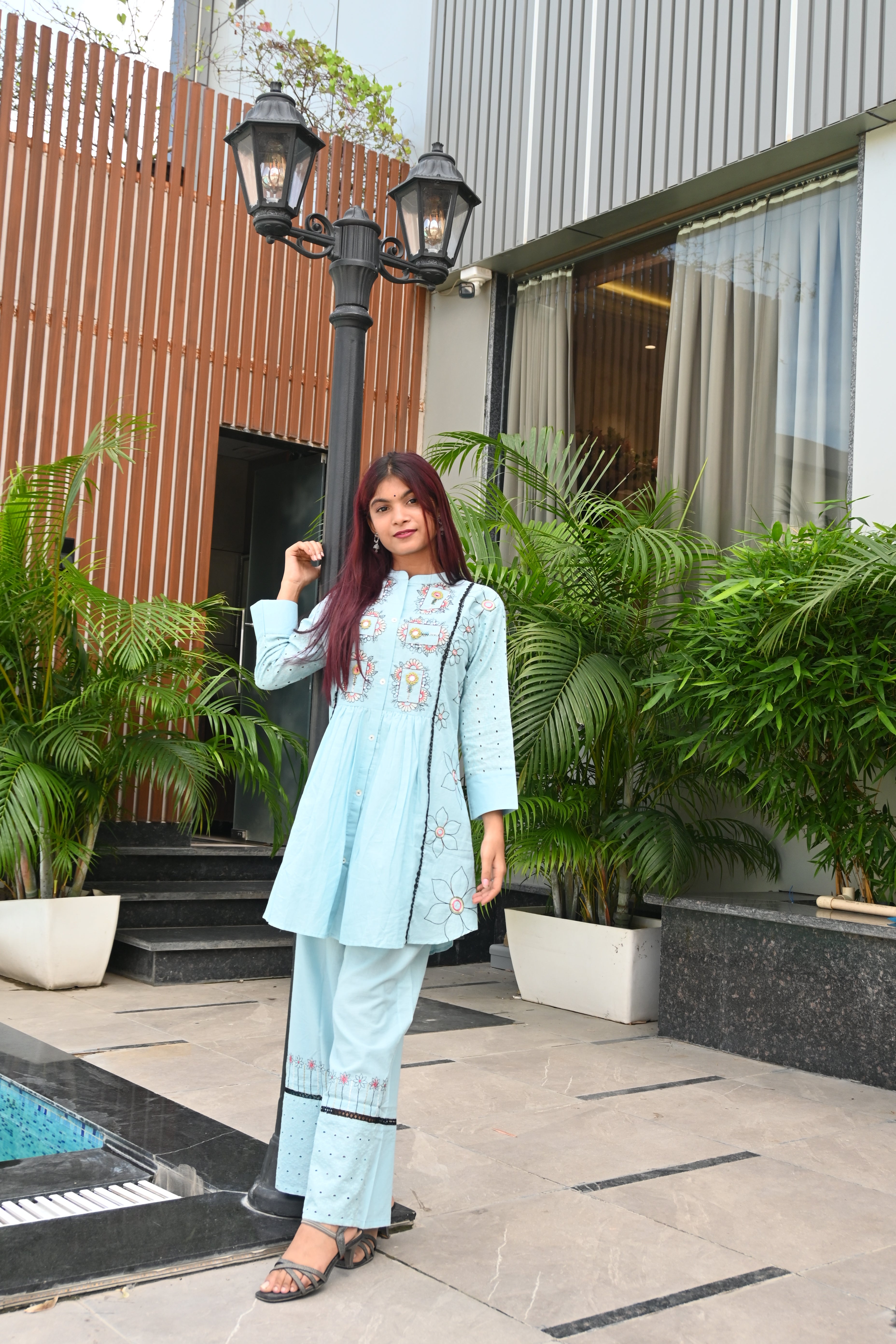 Sky Charm Embroidered Pastel Blue Kurti