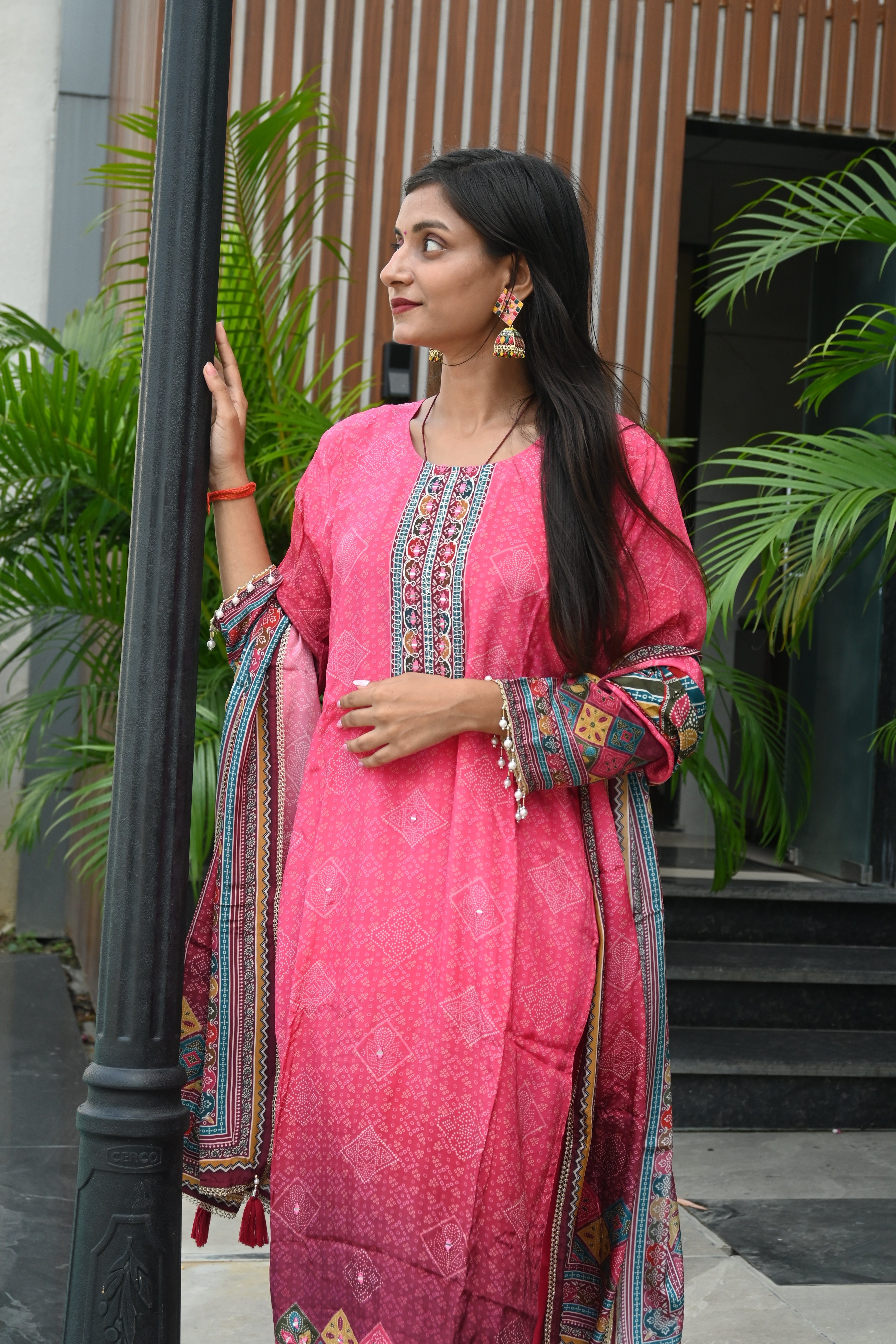 Pink Printed Cotton Suit Set with Embroidered Dupatta and Straight Pants