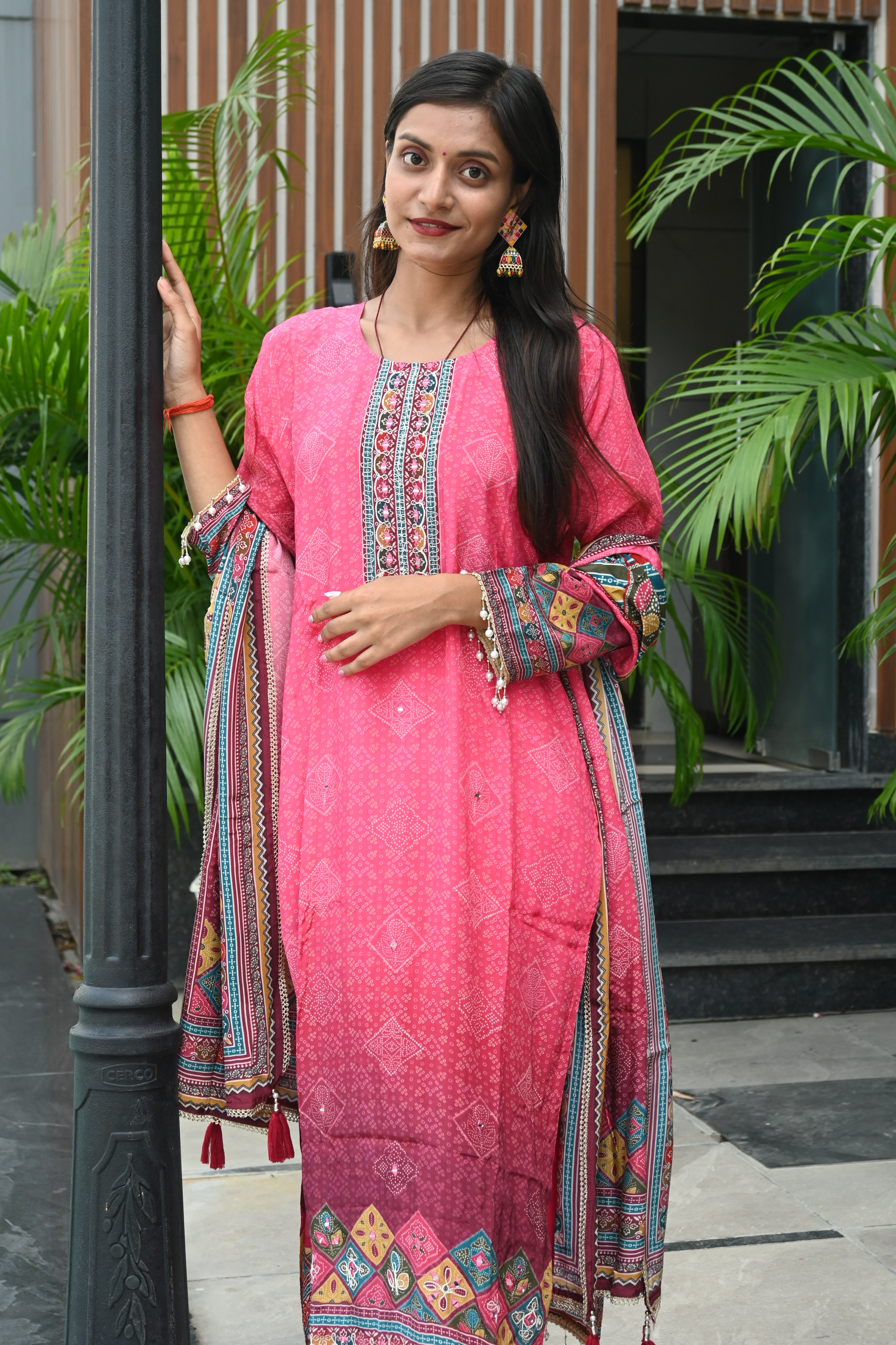 Pink Printed Cotton Suit Set with Embroidered Dupatta and Straight Pants