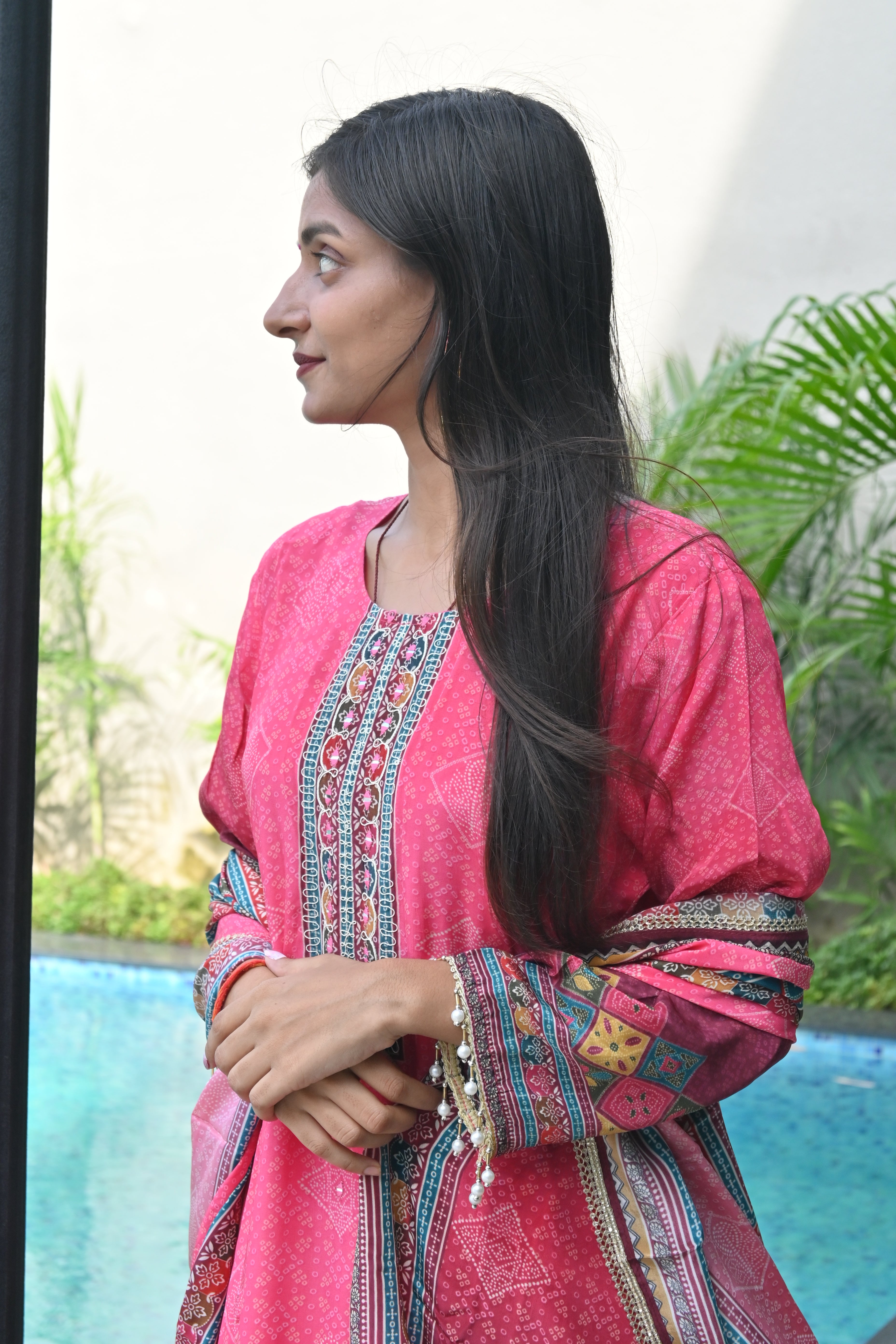 Pink Printed Cotton Suit Set with Embroidered Dupatta and Straight Pants