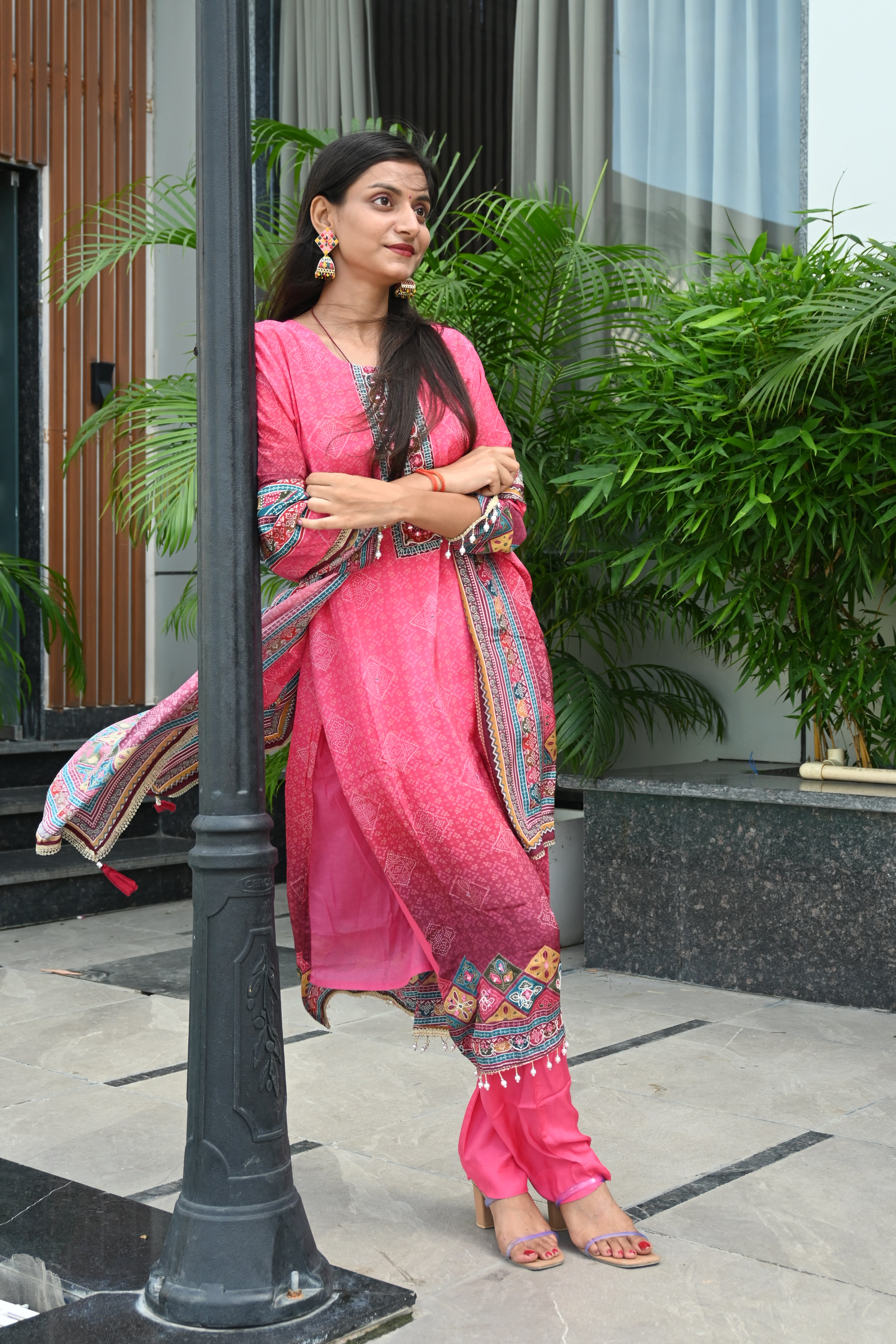 Pink Printed Cotton Suit Set with Embroidered Dupatta and Straight Pants