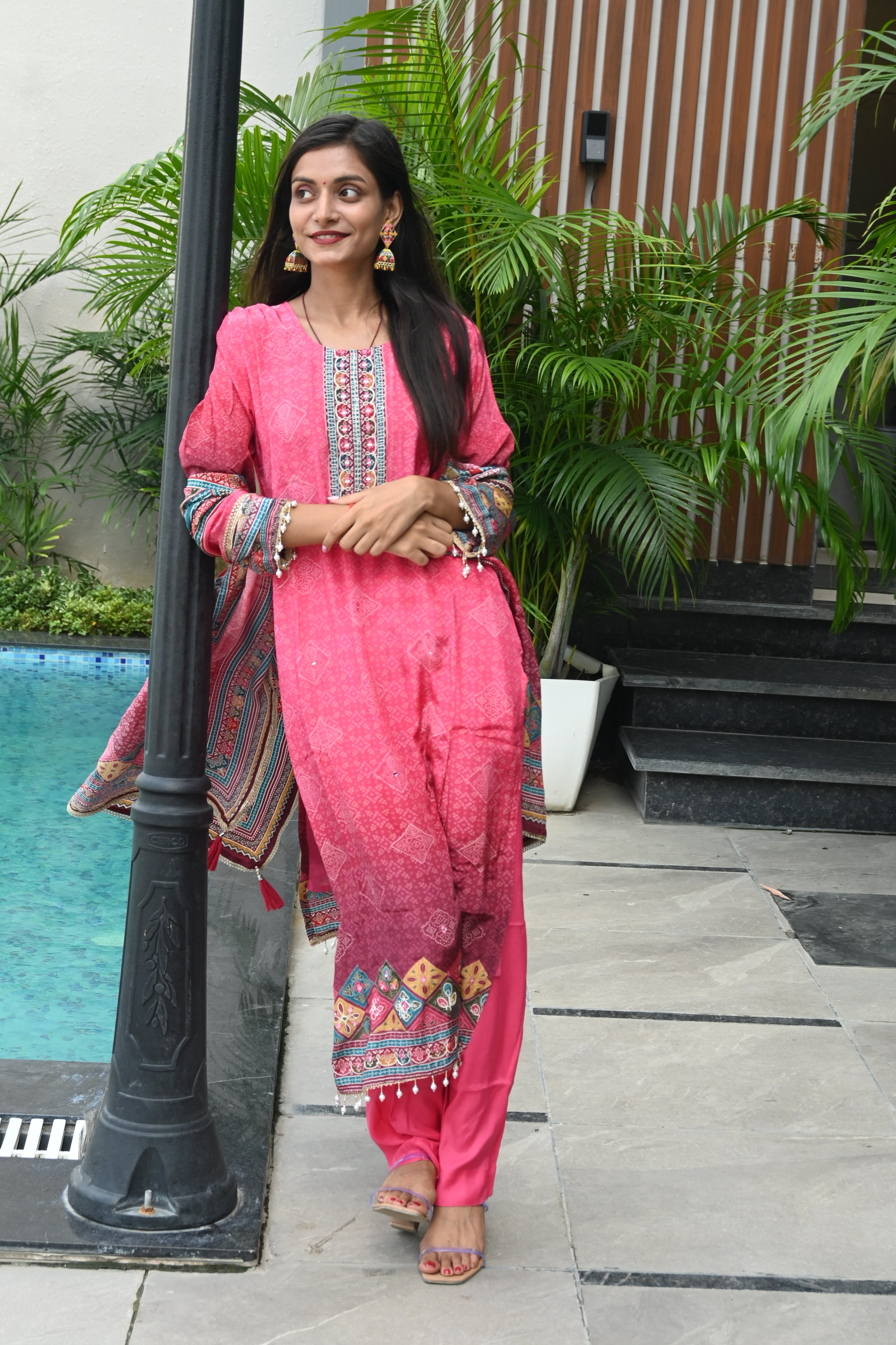 Pink Printed Cotton Suit Set with Embroidered Dupatta and Straight Pants