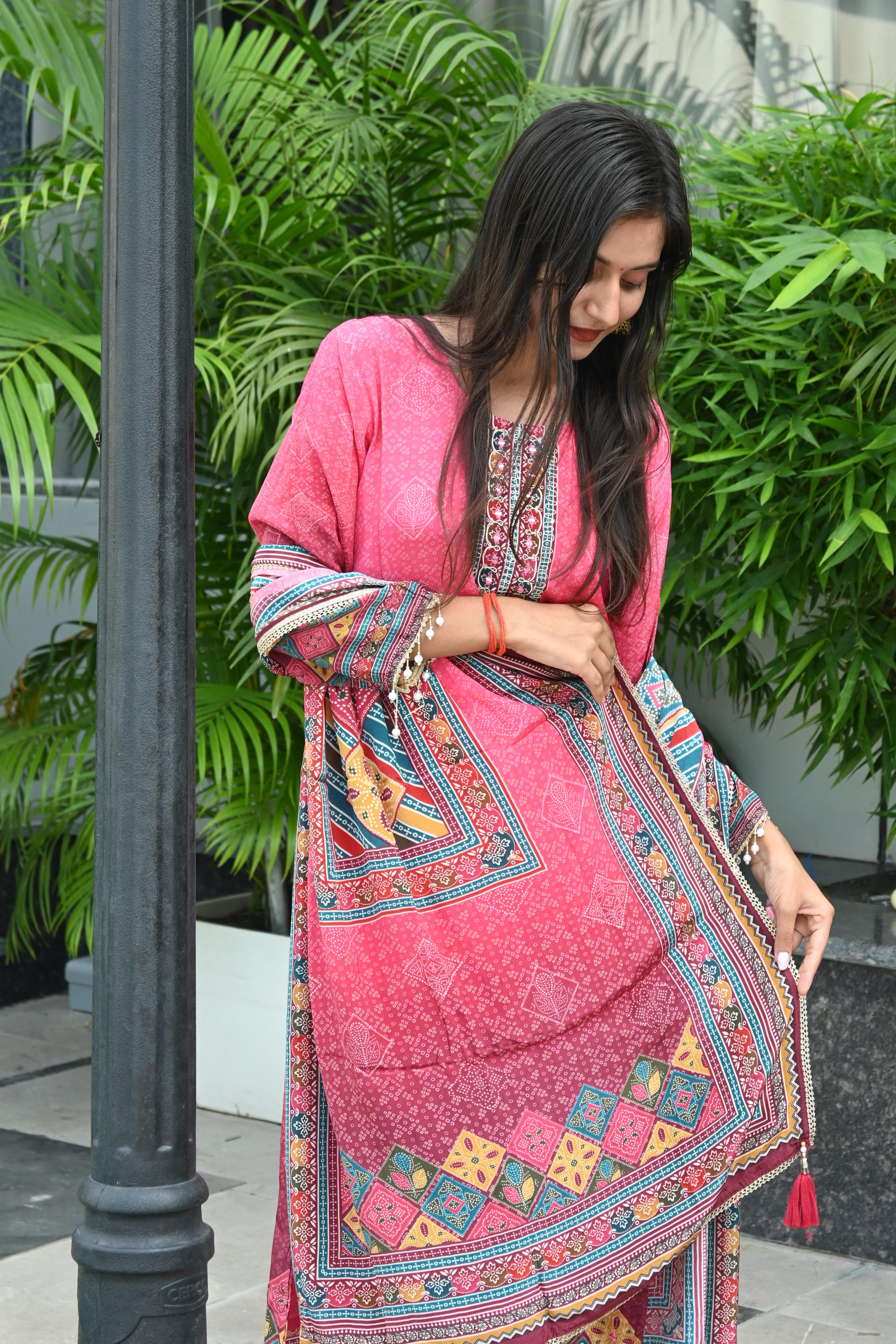 Pink Printed Cotton Suit Set with Embroidered Dupatta and Straight Pants