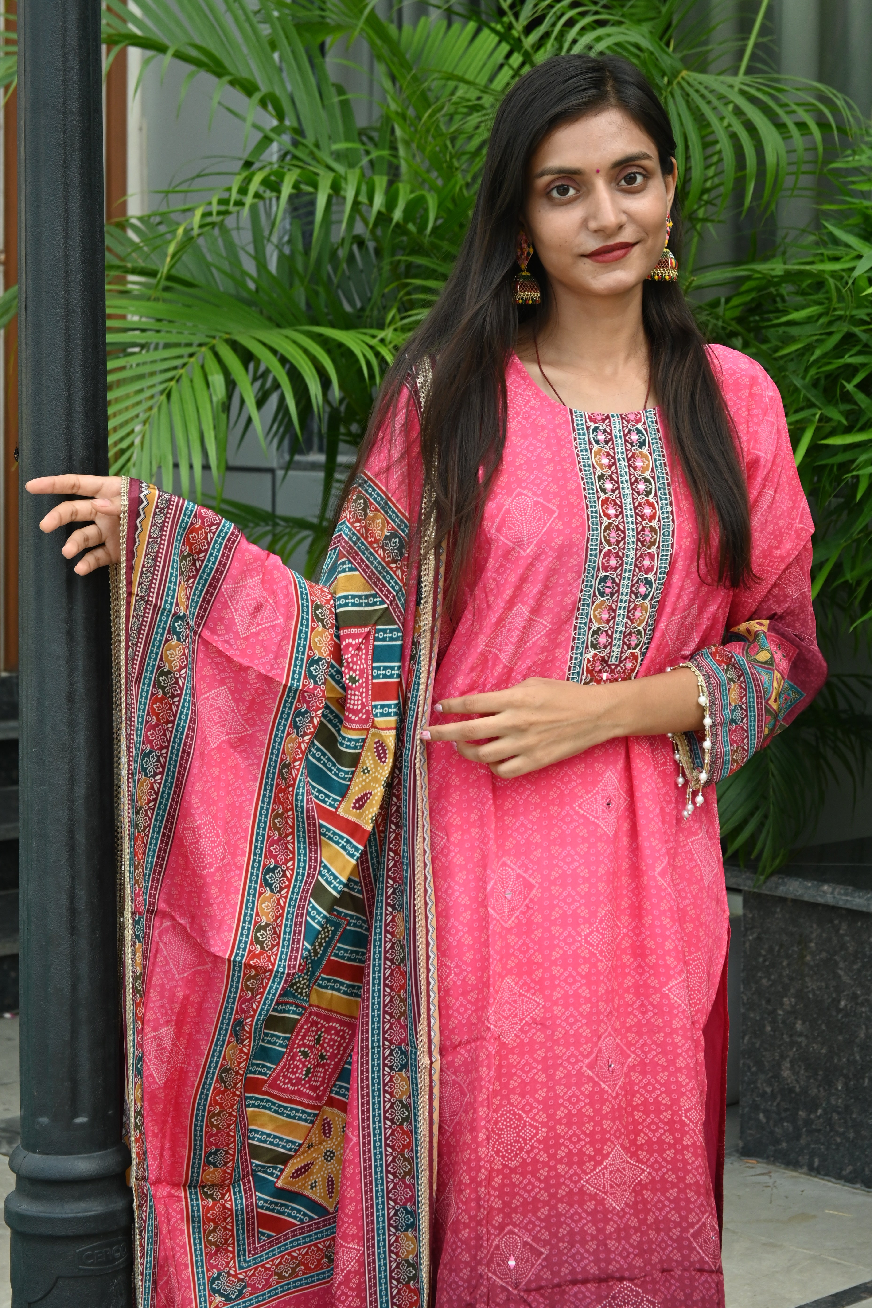 Pink Printed Cotton Suit Set with Embroidered Dupatta and Straight Pants