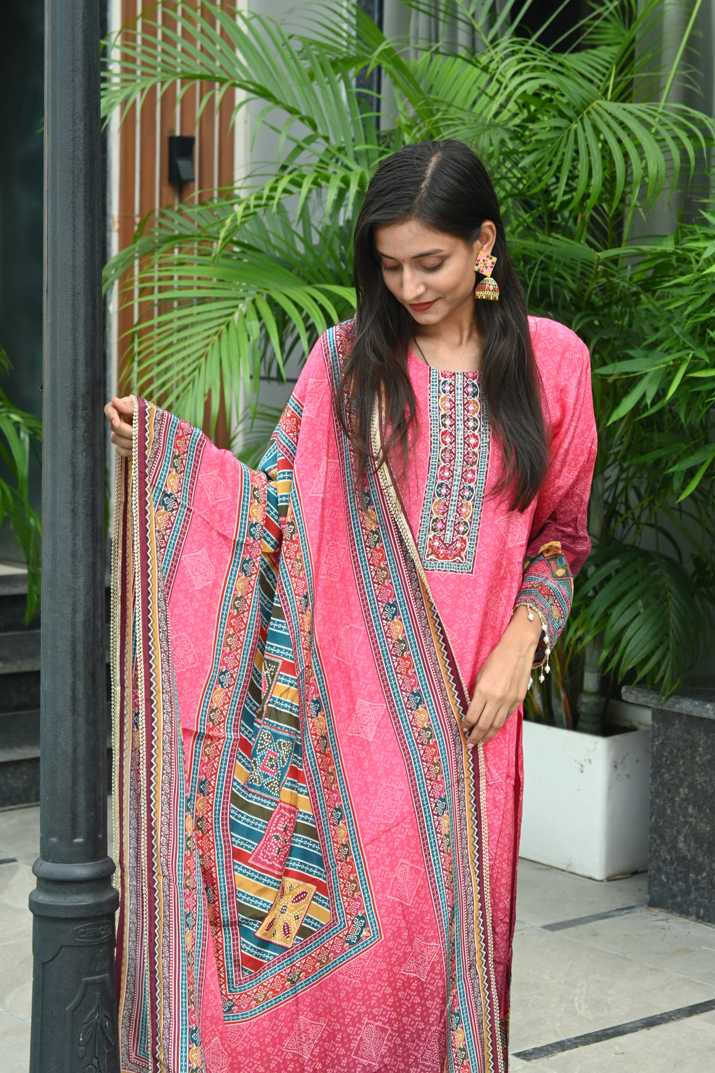 Pink Printed Cotton Suit Set with Embroidered Dupatta and Straight Pants
