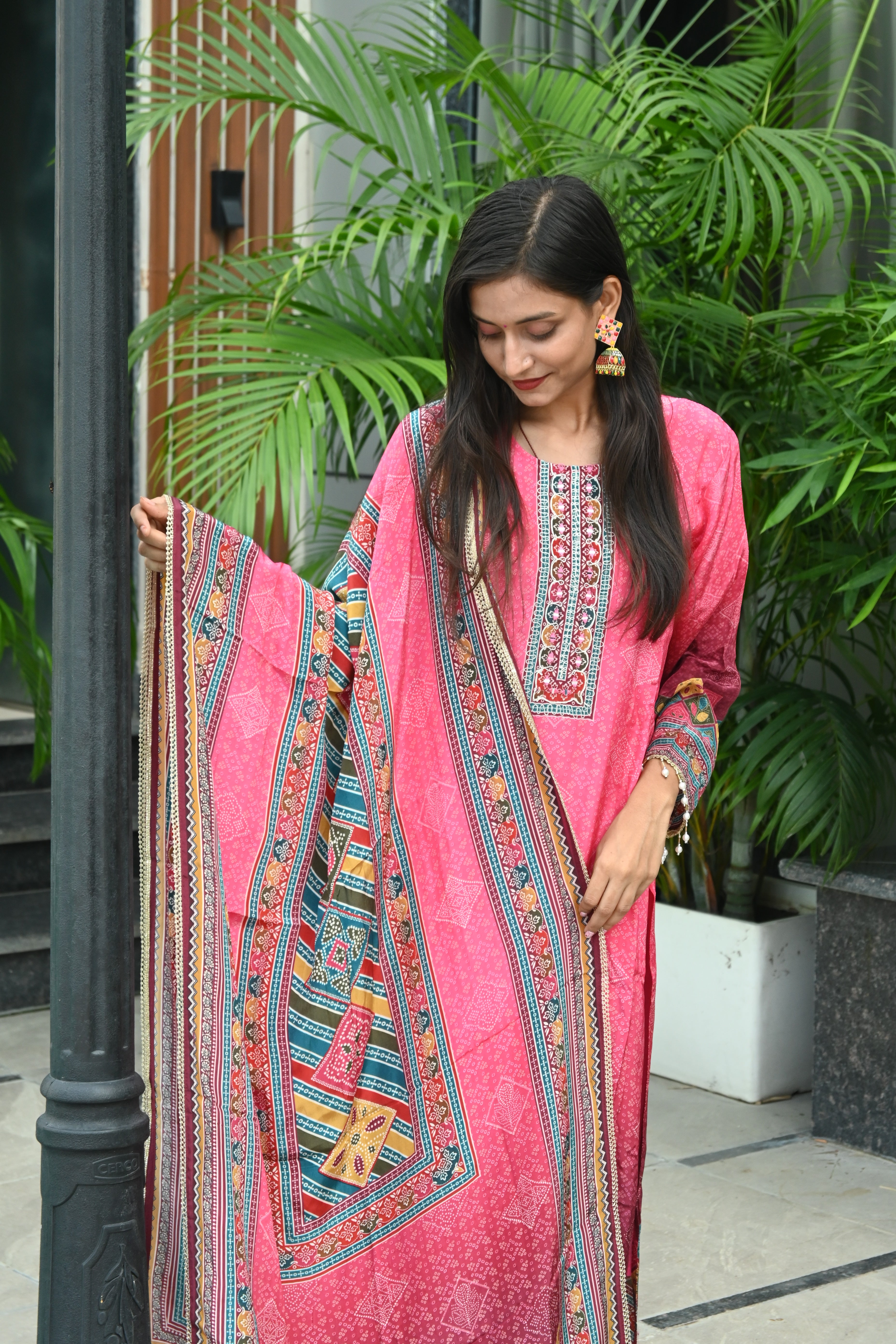 Pink Printed Cotton Suit Set with Embroidered Dupatta and Straight Pants