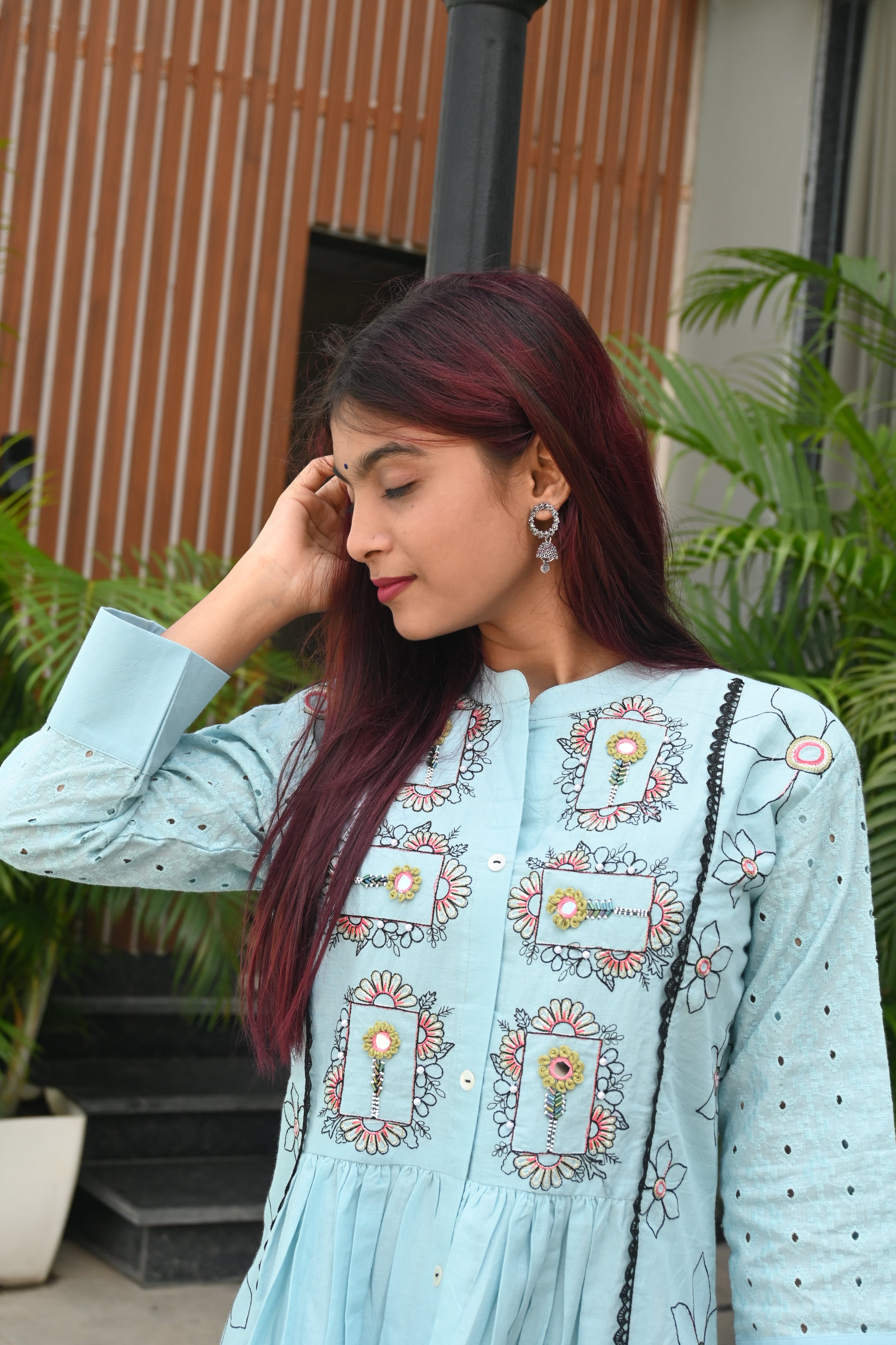 Sky Charm Embroidered Pastel Blue Kurti