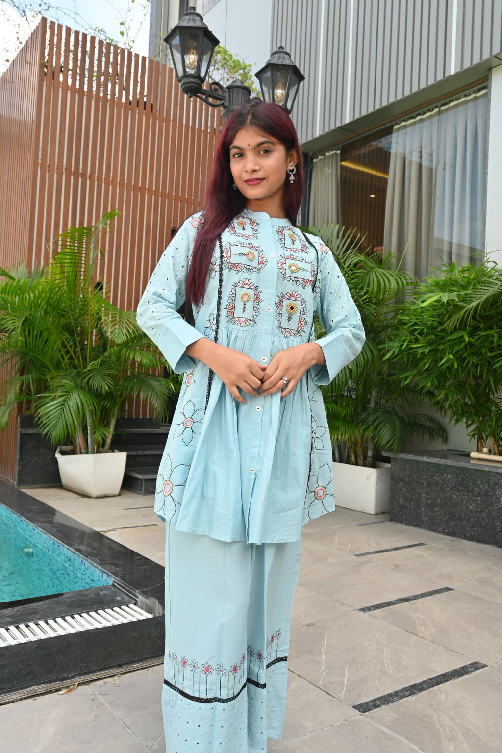 Sky Charm Embroidered Pastel Blue Kurti