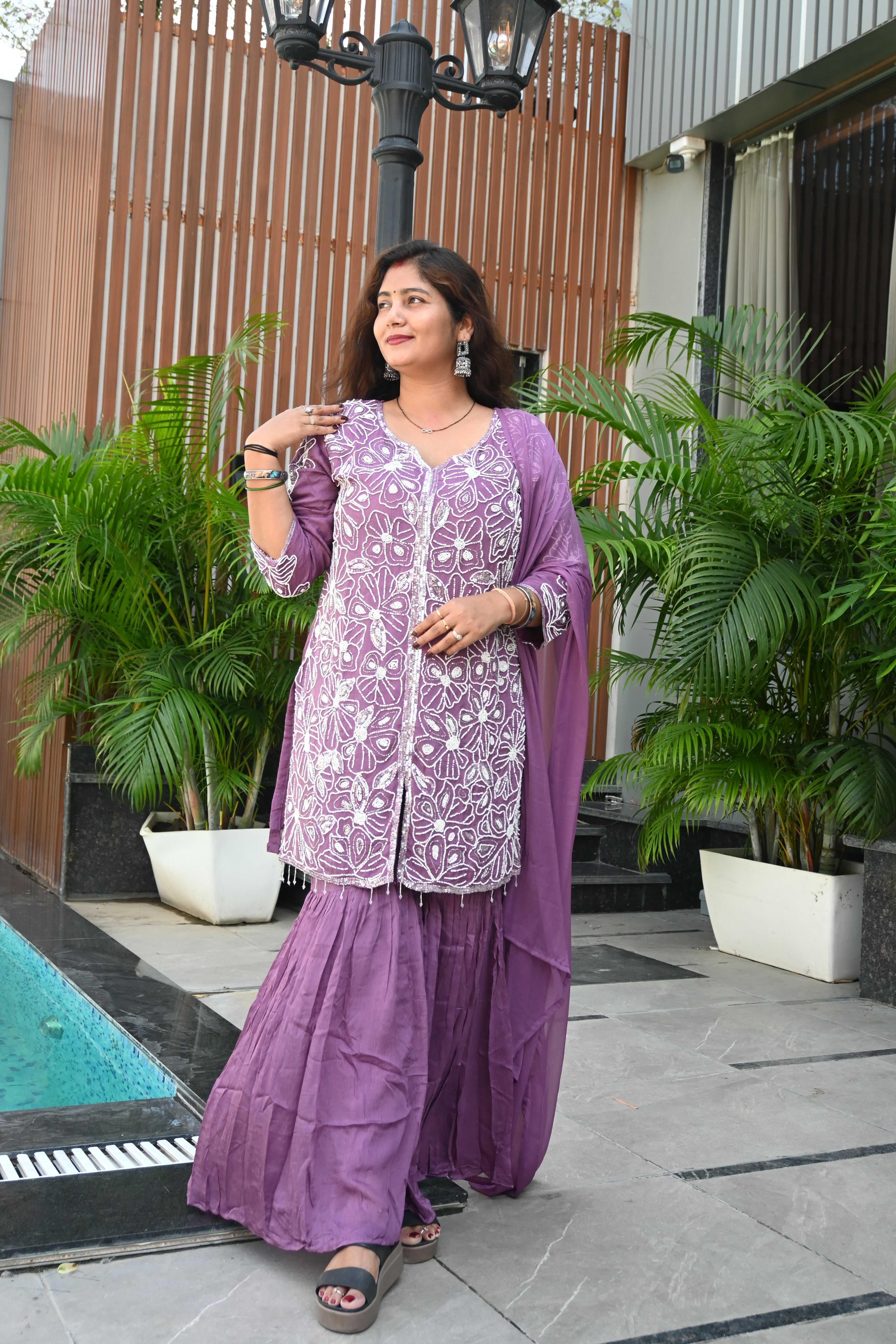 Lavender Blossom Embroidered Sharara Set with Dupatta