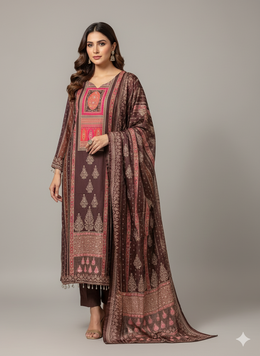 Elegant Maroon Printed Suit Set