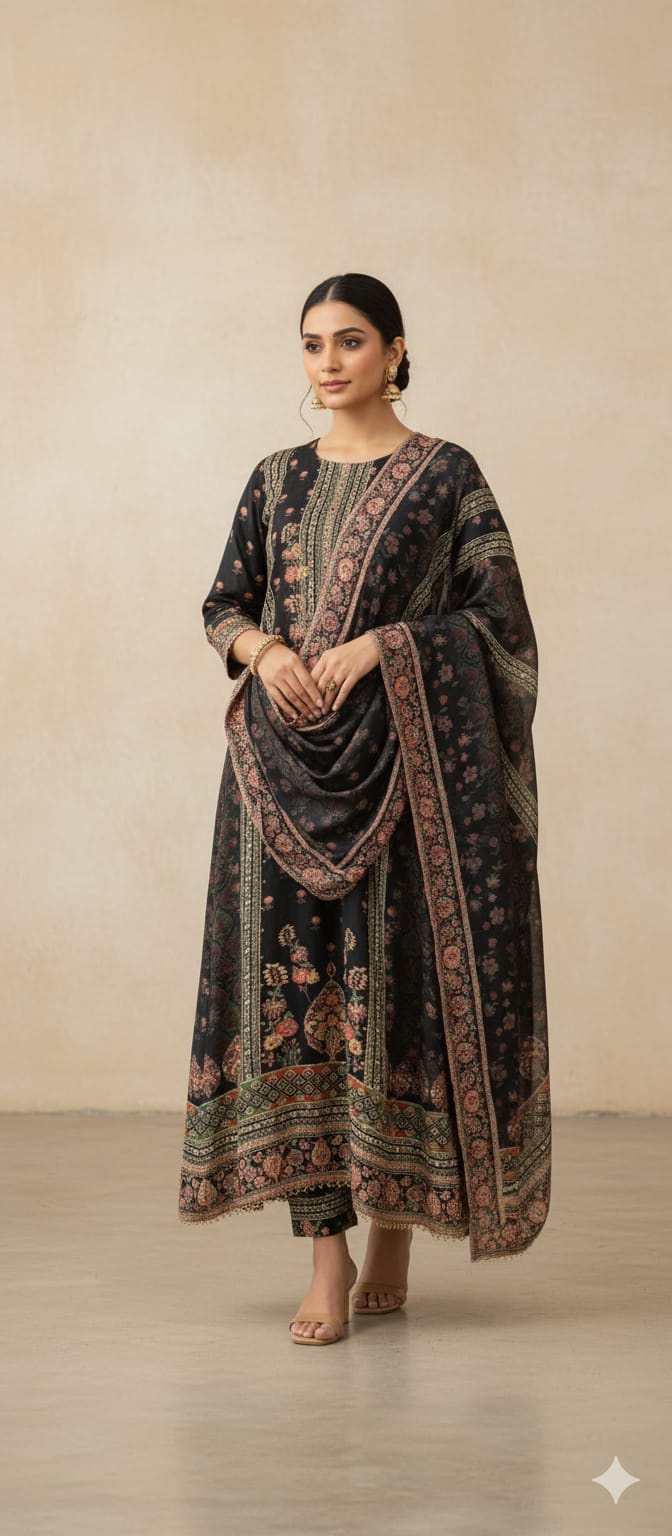 Black Floral Printed Suit Set