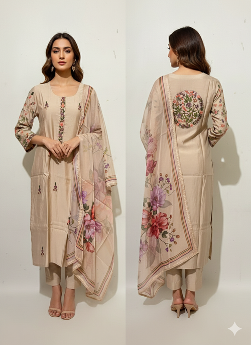 Beige Floral Embroidered Suit Set